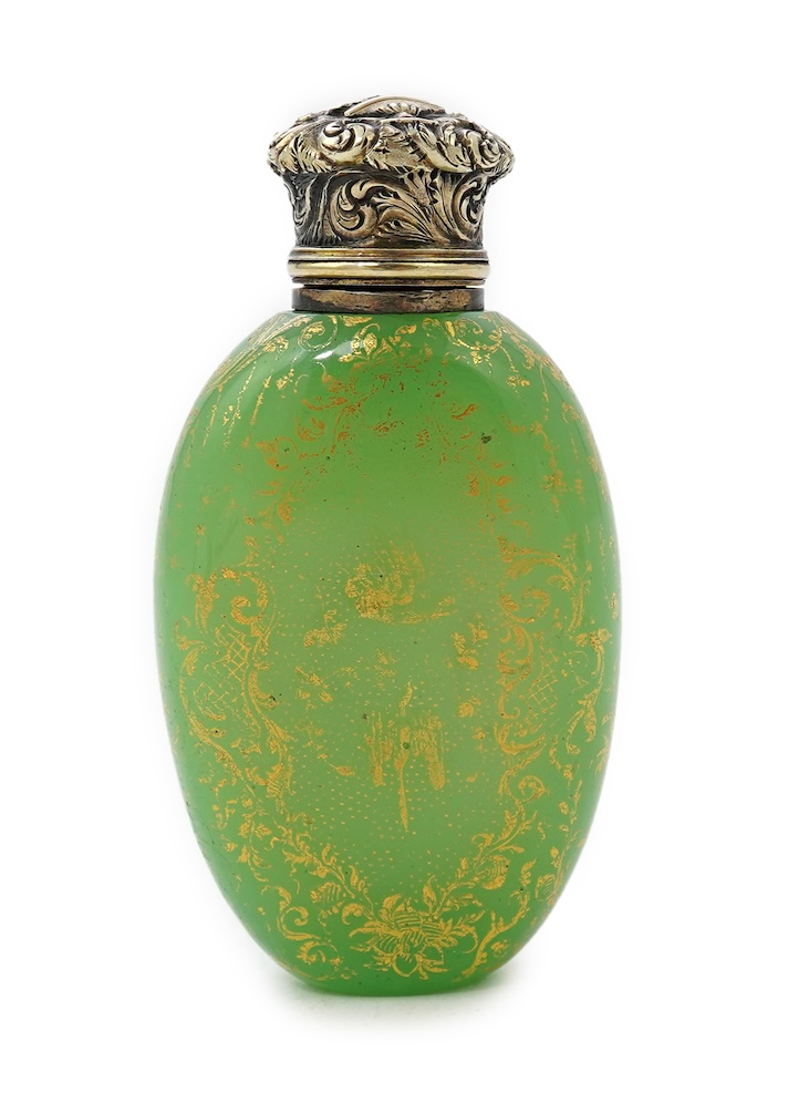 A late 19th century gilt white metal mounted green opaline glass scent flask, by Sampson Mordan & Co